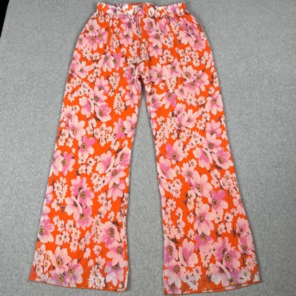 Jacquie The Label Palazzo Pants Size L‎ Orange Floral Wide Leg Vacation Festival